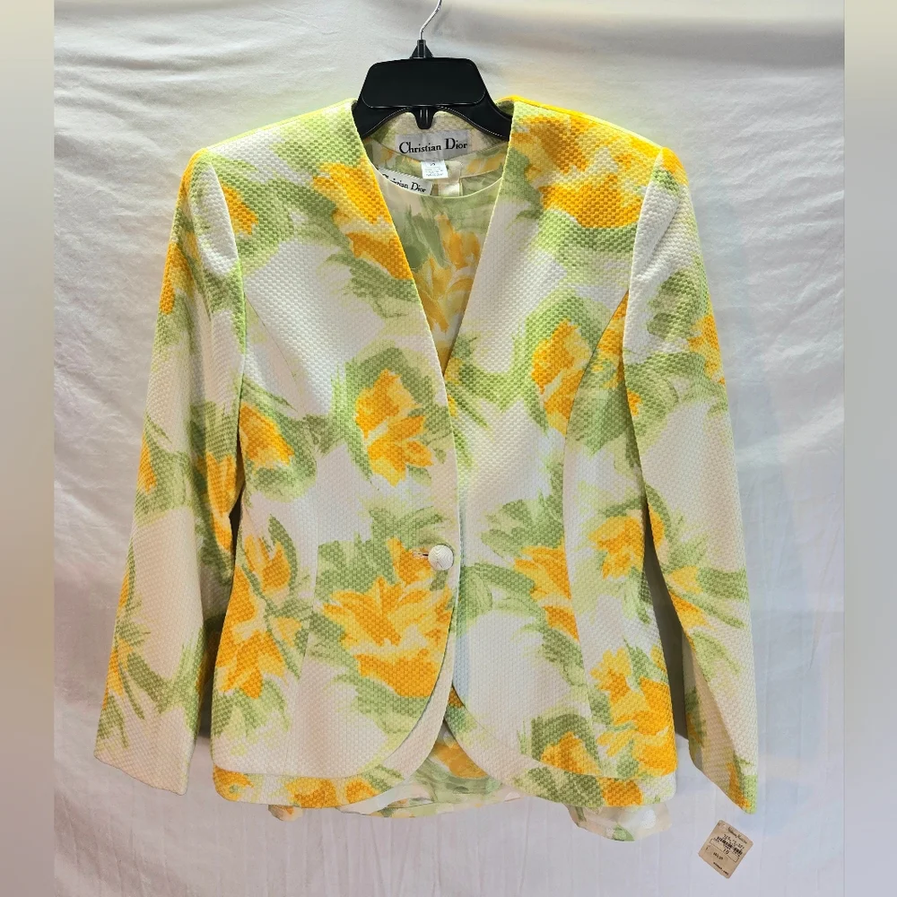 Vintage 2005 Christian Dior Women's 10 Floral Cotton Blazer & Silk Blouse New